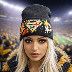 Pittsburgh Steelers Custom Rhinestone Beanie Black Knit Hat Rose Superman Logo